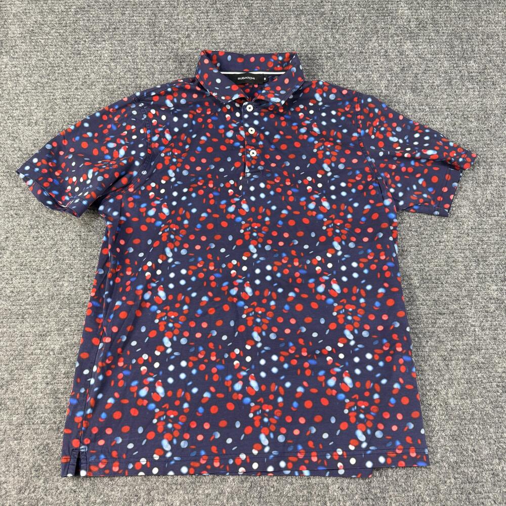 Bugatchi Polo Shirt Mens Medium Blue Red Polka Dot Print 100% Cotton Casual